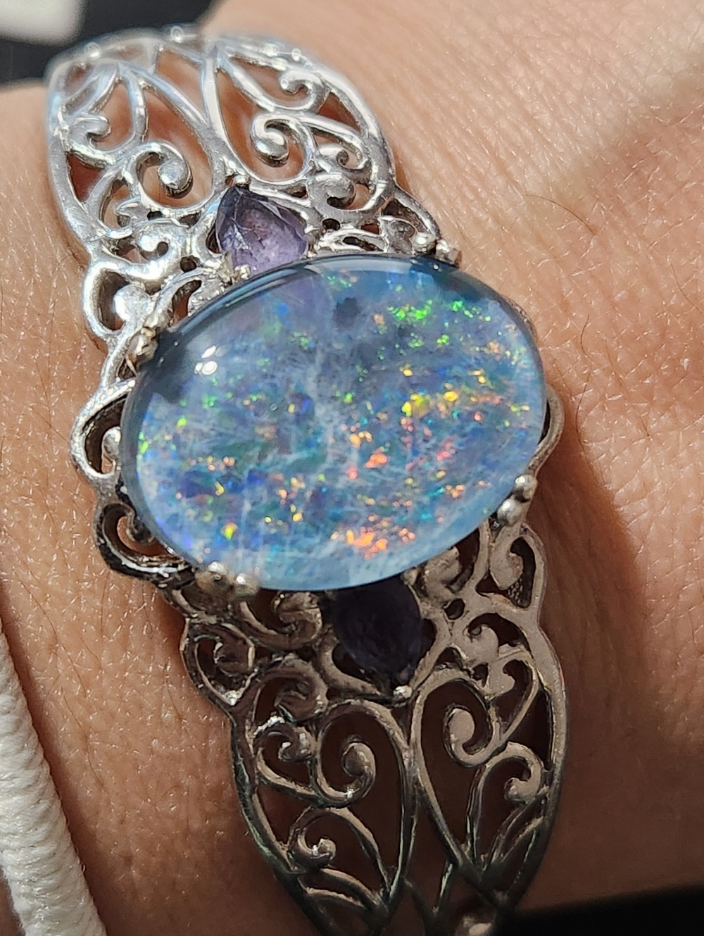 VTG Large Natural Opal & Amethyst 925 Filigree Cuff Btacelet - Picture 8 of 16